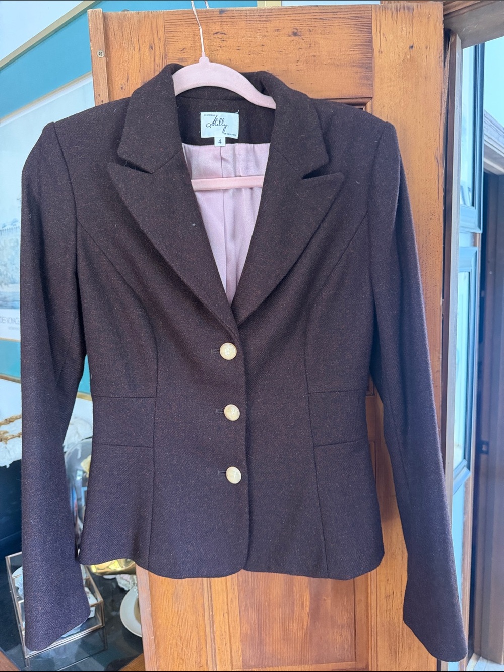 Milly of New York Dark Brown Wool Tailored Blazer with Gold Buttons